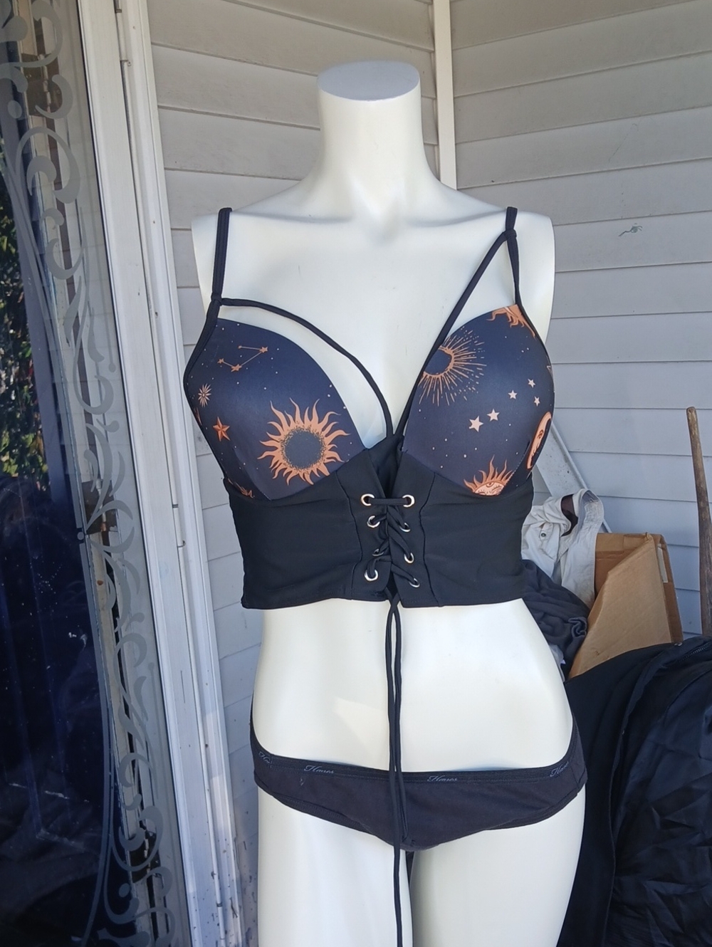 Celestial Print Corset Lace-Up Bikini Top - Black with Copper Sun & Moon Size XL